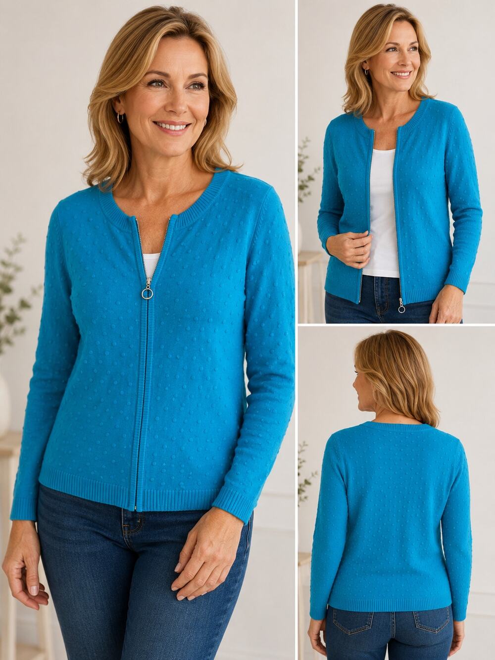 Foxcroft Turquoise Swiss Dot Zip Cardigan Women’s M Cotton Blend